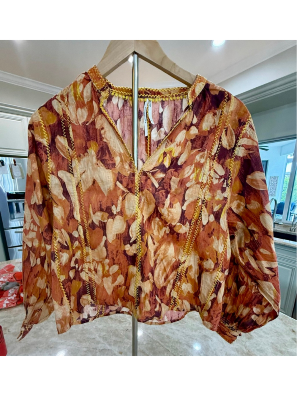 Anthropologie XS Orange Brown Floral Blouse, crop, boxy, oversized. Small could